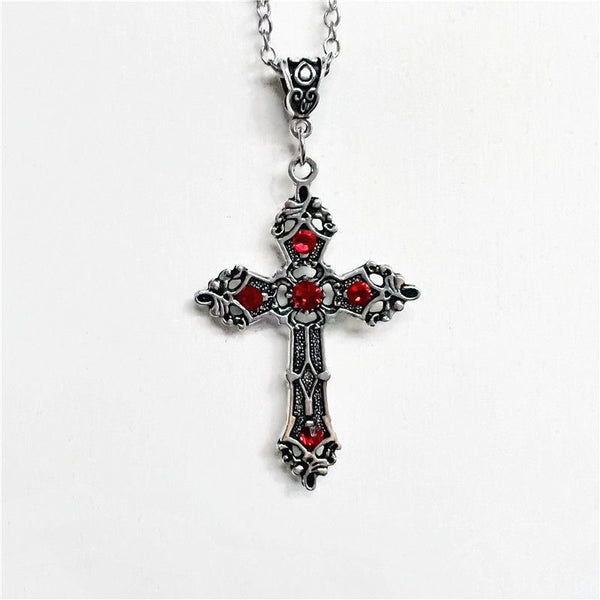 Gothic Cross Pendant Necklace with Gemstone