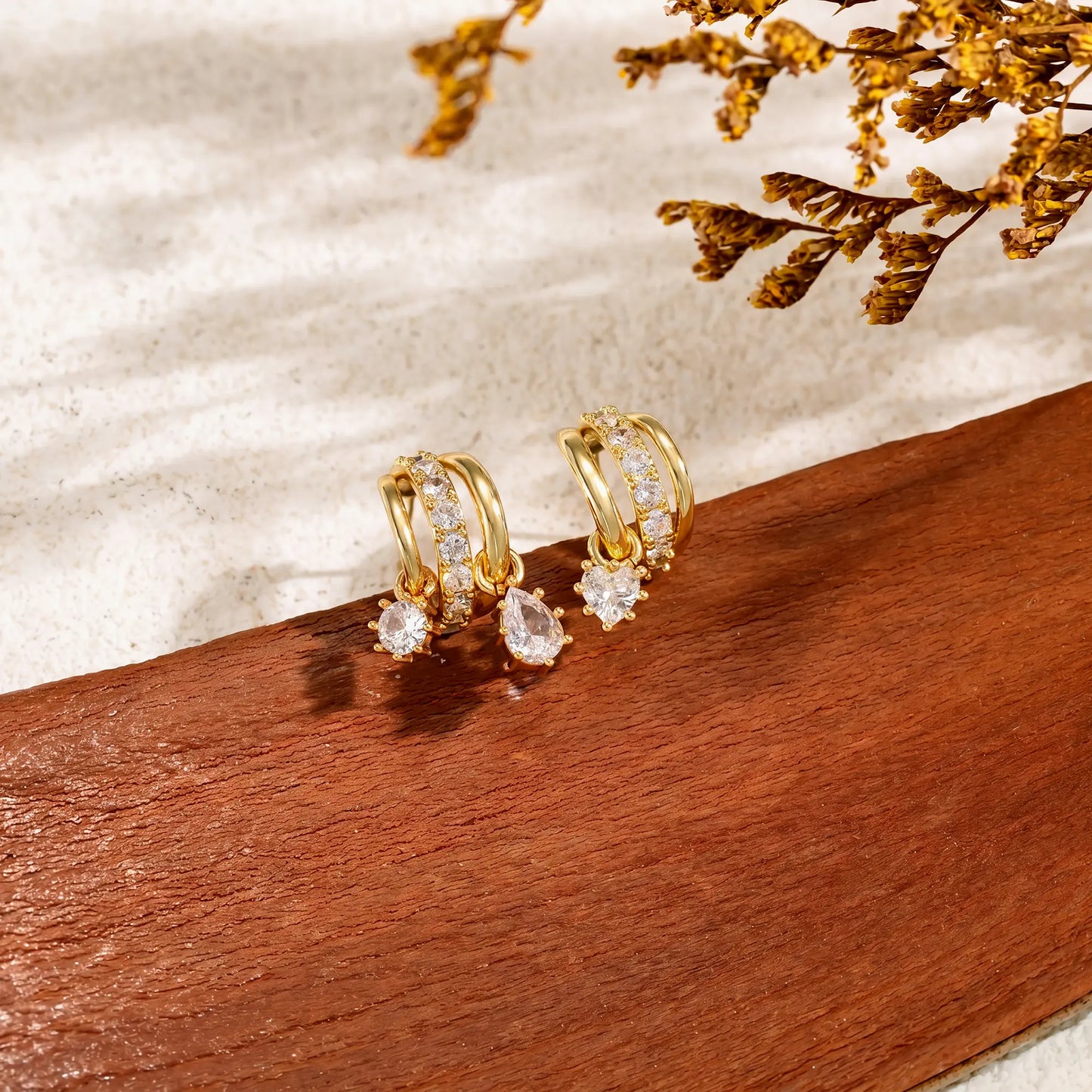 Elevate Your Style with Dearmay Asymmetrical Gold Earrings - 14K Gold Plated Elegance with Sparkling Zircon Pendant