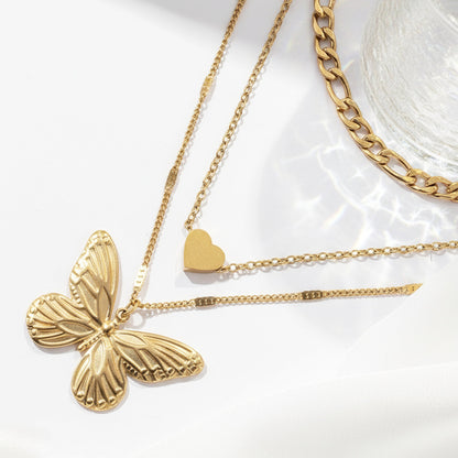 Layered Butterfly Heart Pendant Necklace
