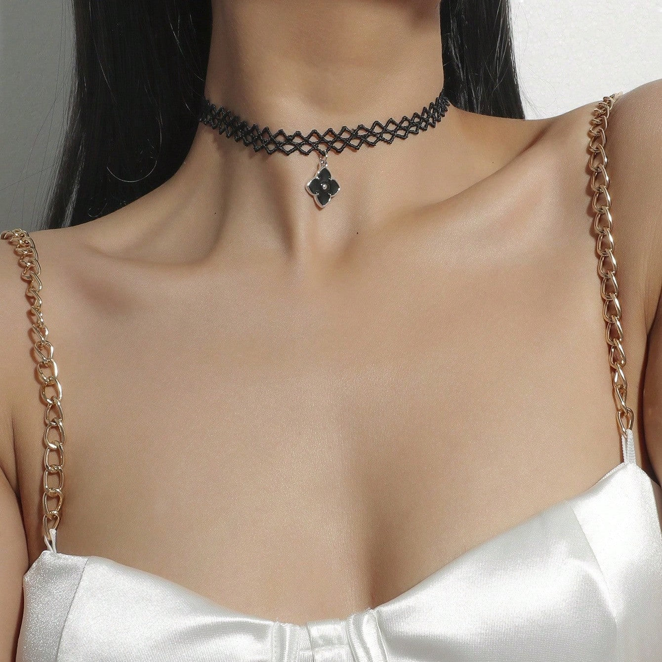 Gothic Lace Choker Necklace with Tassel Pendant