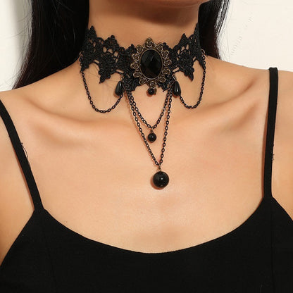 Gothic Lace Choker Necklace with Tassel Pendant