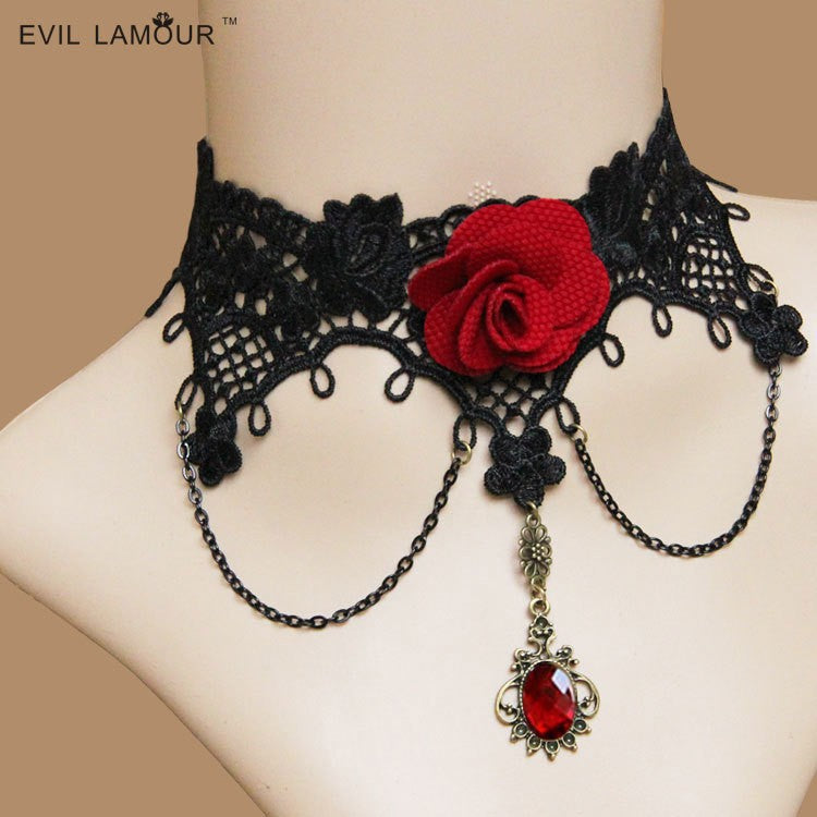 Gothic Lace Drop Necklace with Extendable Chain
