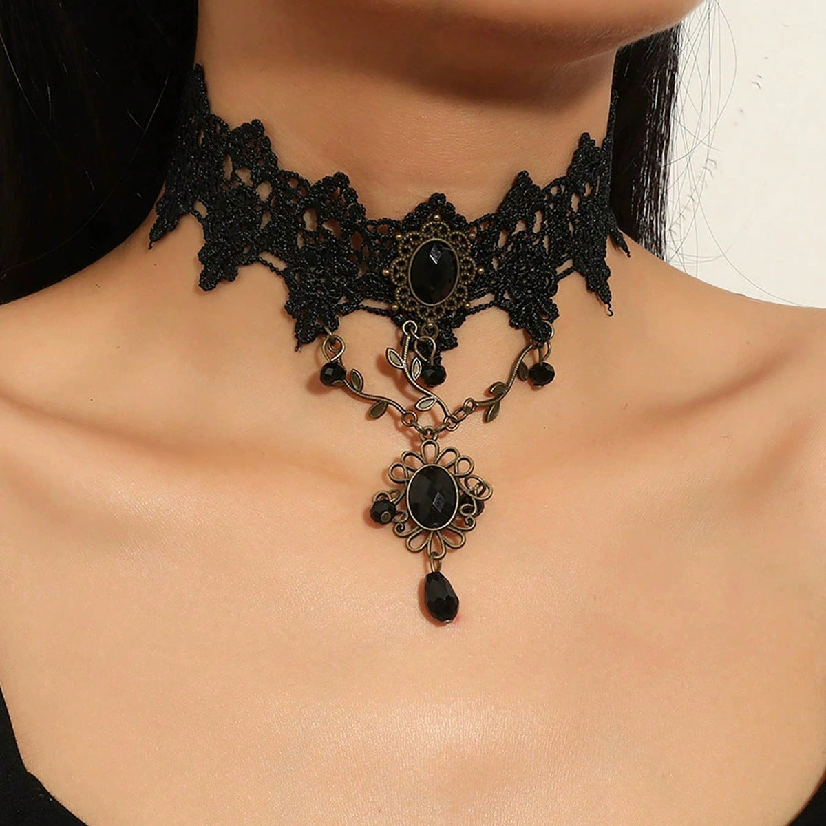 Gothic Lace Choker Necklace with Tassel Pendant