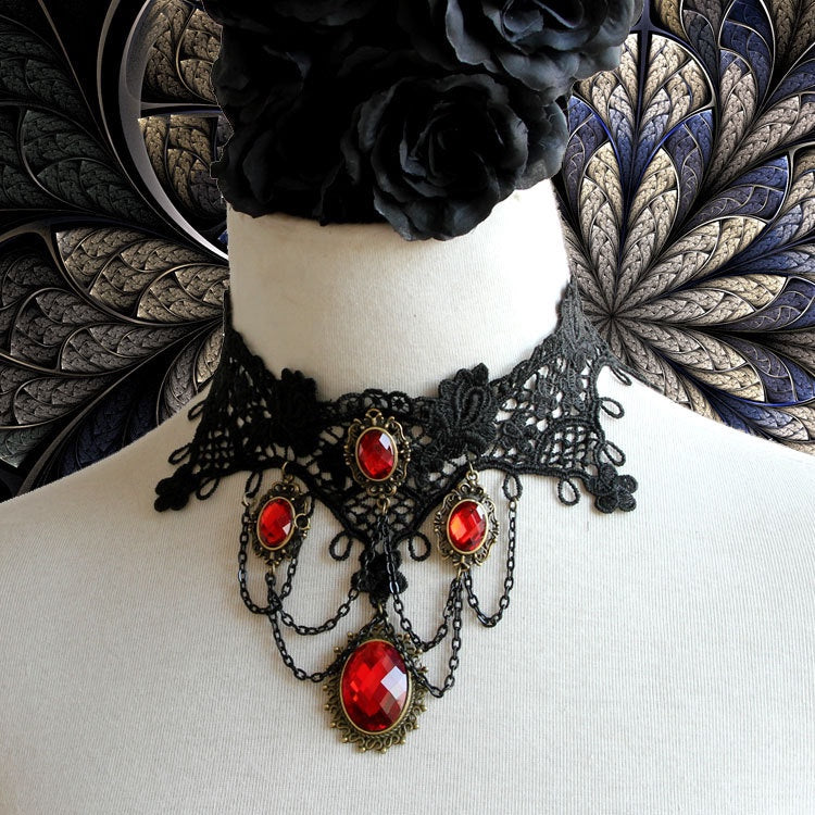 Gothic Lace Drop Necklace with Extendable Chain
