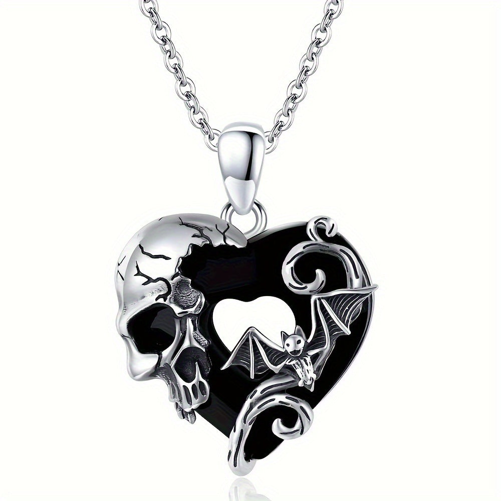 Gothic Skull Bat Oval Pendant Necklace