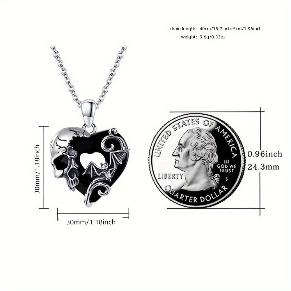 Gothic Skull Bat Oval Pendant Necklace