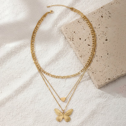 Layered Butterfly Heart Pendant Necklace