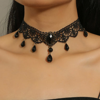 Gothic Lace Choker Necklace with Tassel Pendant