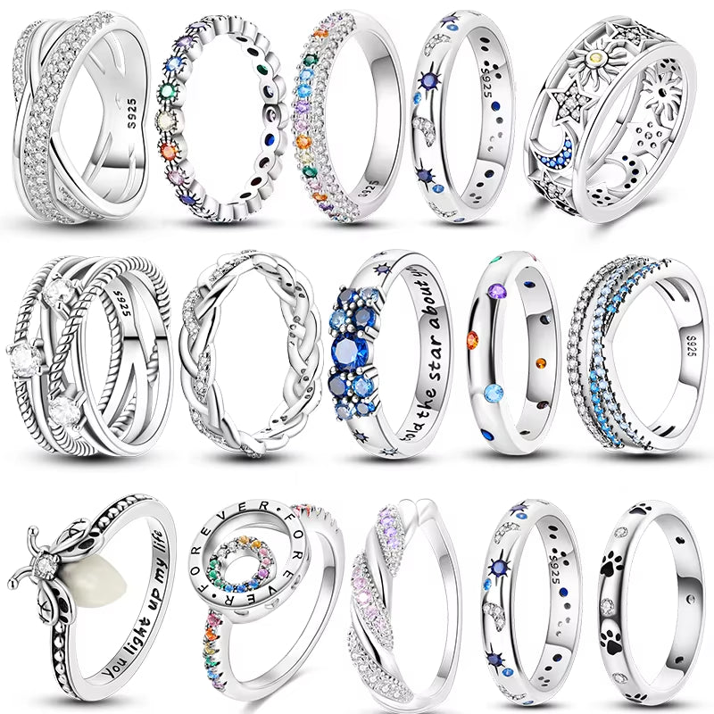 Women Silver Finger Rings for Women Original 925 Sterling Silver Cocktail Ring Geometric Cubic Zircon Heart Wedding Jewelry