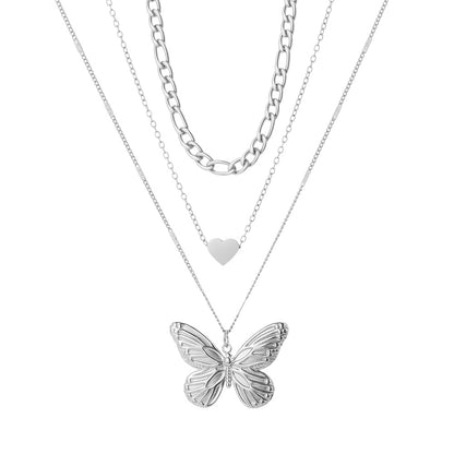 Layered Butterfly Heart Pendant Necklace