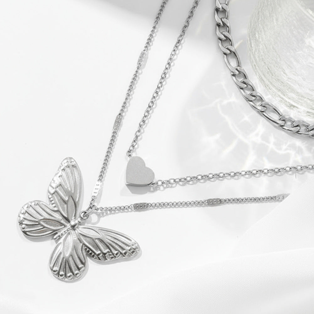Layered Butterfly Heart Pendant Necklace