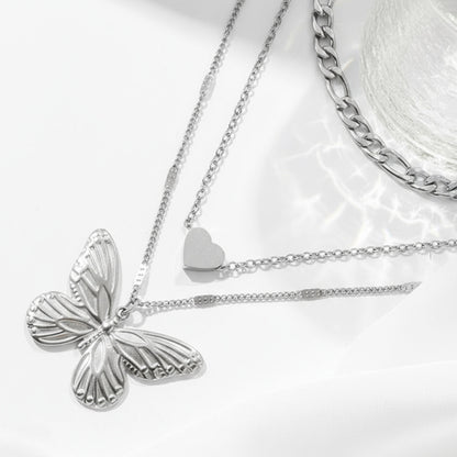 Layered Butterfly Heart Pendant Necklace