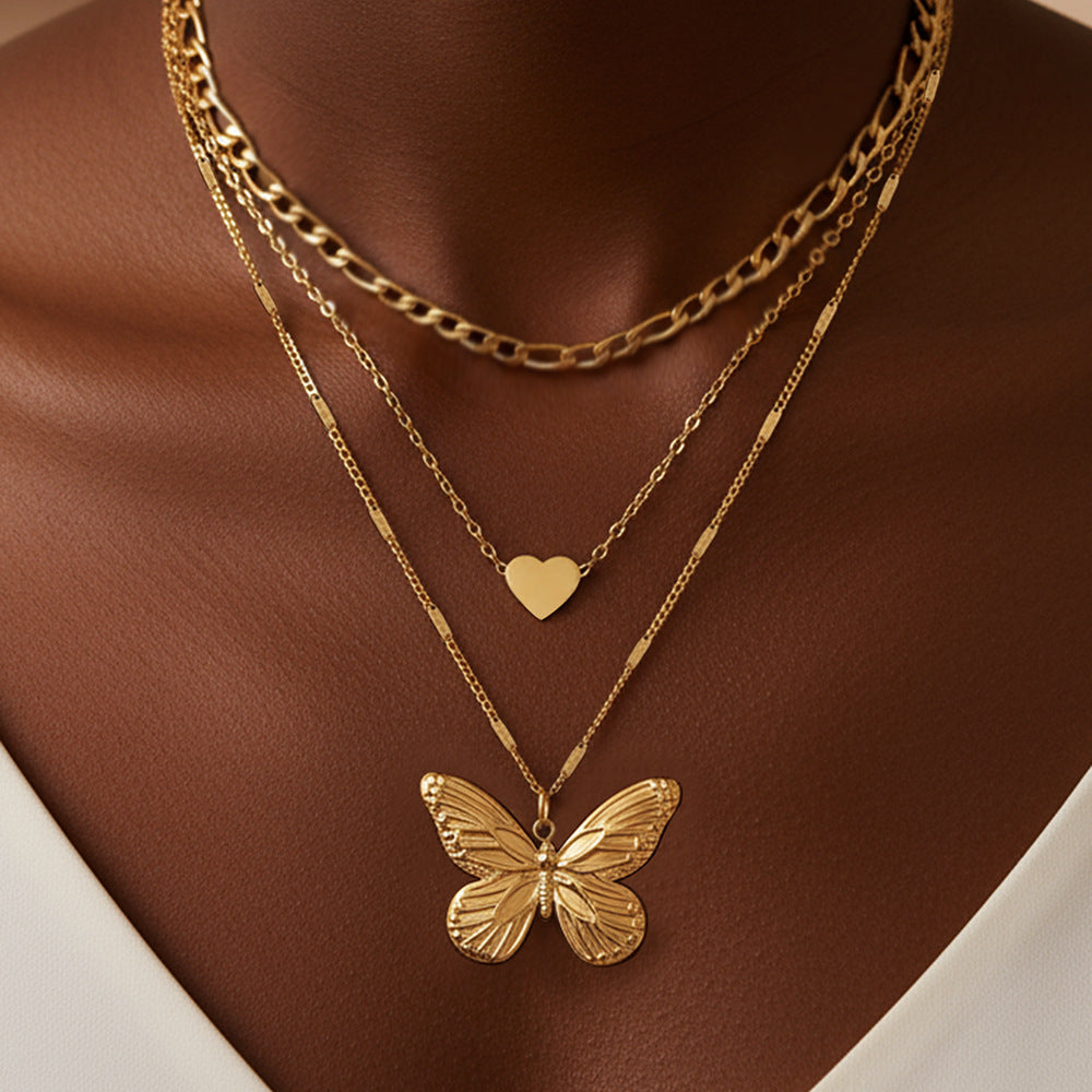Layered Butterfly Heart Pendant Necklace