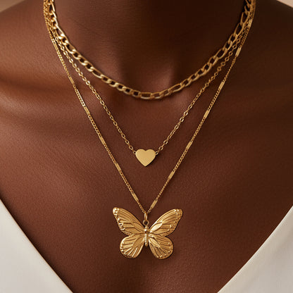 Layered Butterfly Heart Pendant Necklace