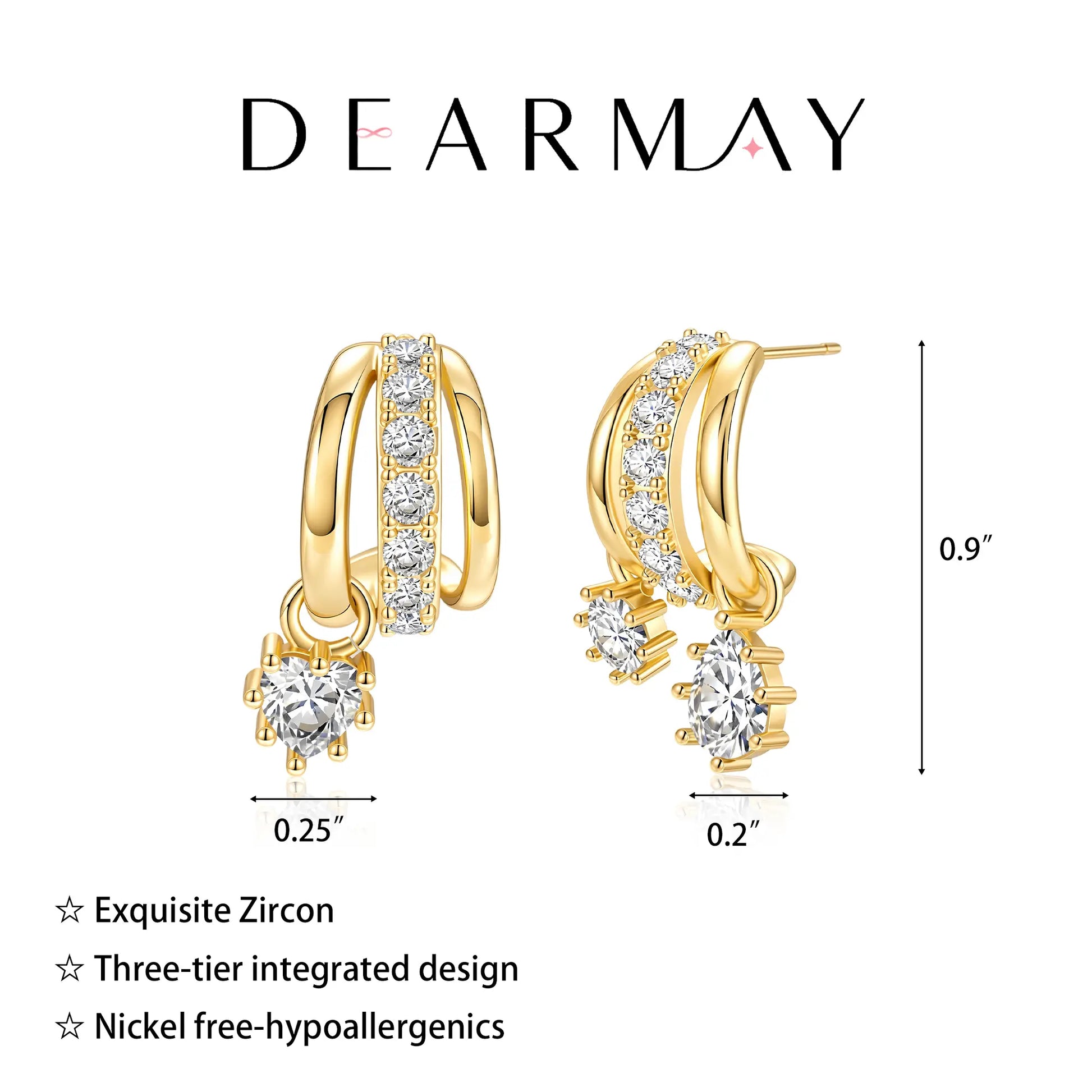 Elevate Your Style with Dearmay Asymmetrical Gold Earrings - 14K Gold Plated Elegance with Sparkling Zircon Pendant