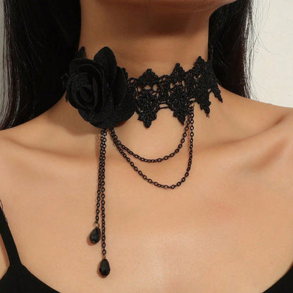 Gothic Lace Choker Necklace with Tassel Pendant