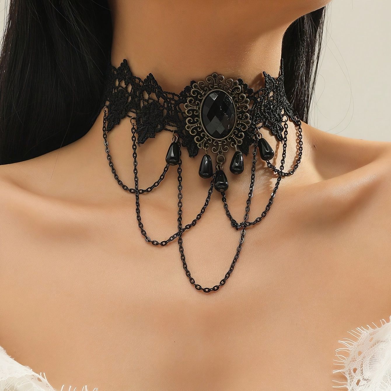 Gothic Lace Choker Necklace with Tassel Pendant