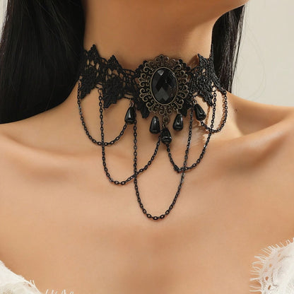 Gothic Lace Choker Necklace with Tassel Pendant