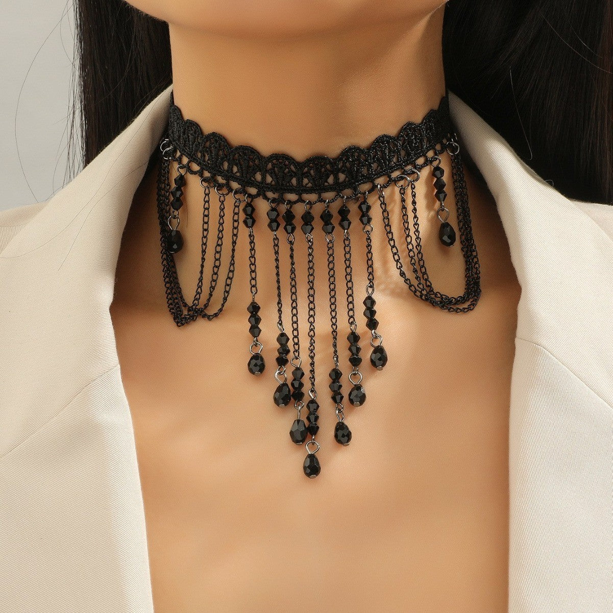 Gothic Lace Choker Necklace with Tassel Pendant
