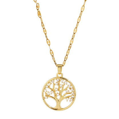 Temperamental Luxury Rhinestone Tree of Life Pendant Necklace Women Vintage Stainless Steel Waterproof Chain Aesthetic Jewelry