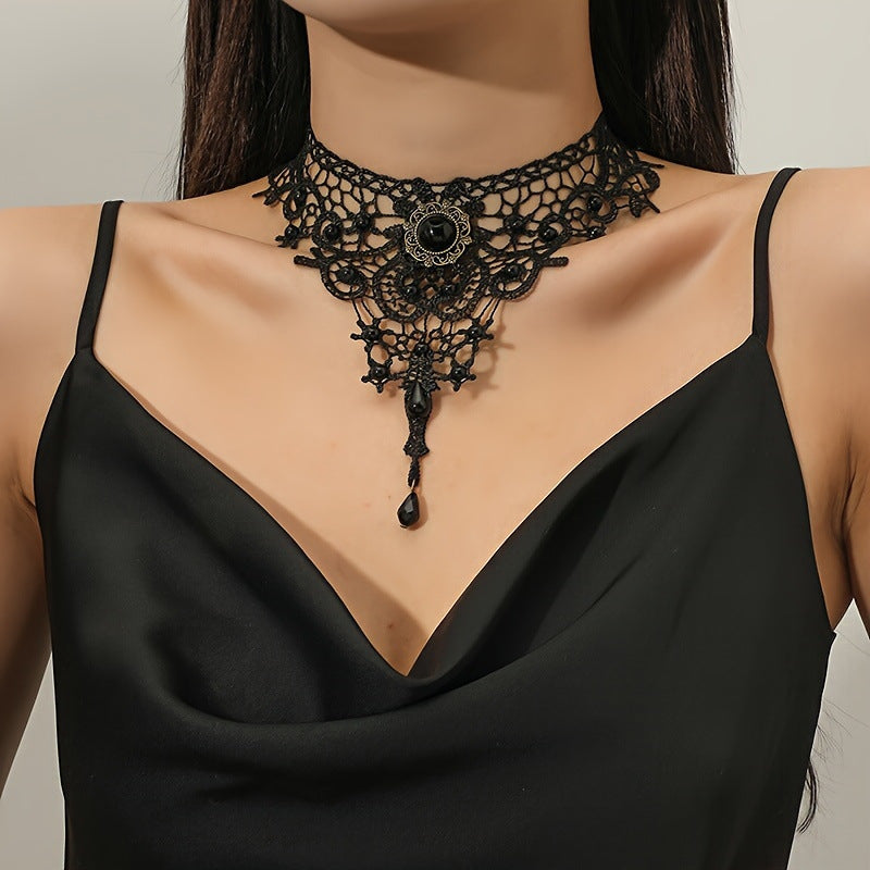 Gothic Lace Choker Necklace with Tassel Pendant