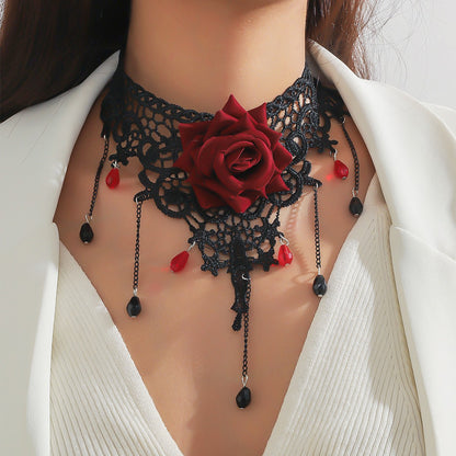 Gothic Lace Choker Necklace with Tassel Pendant