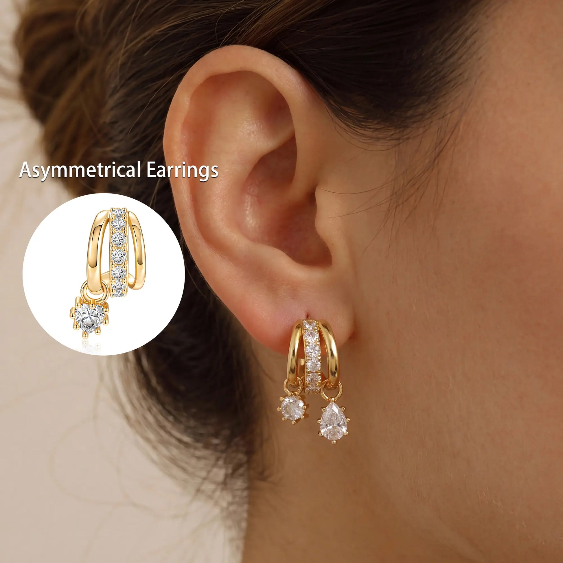 Elevate Your Style with Dearmay Asymmetrical Gold Earrings - 14K Gold Plated Elegance with Sparkling Zircon Pendant